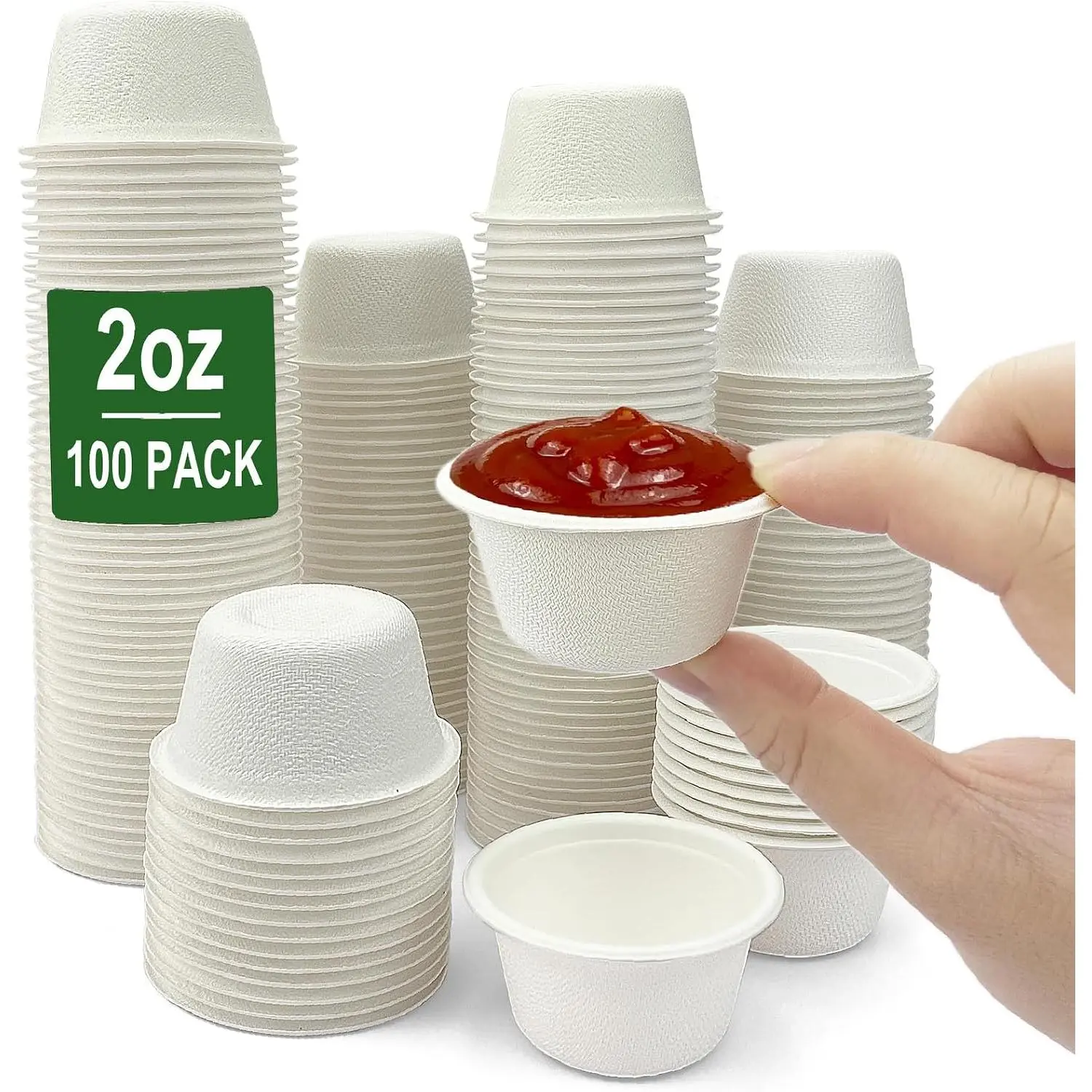 2 oz Disposable Bagasse Fiber Souffle Cups 100pk,    Compostable Condiment Cups Sample Cup Tasting Cup (White, Pack of 100)