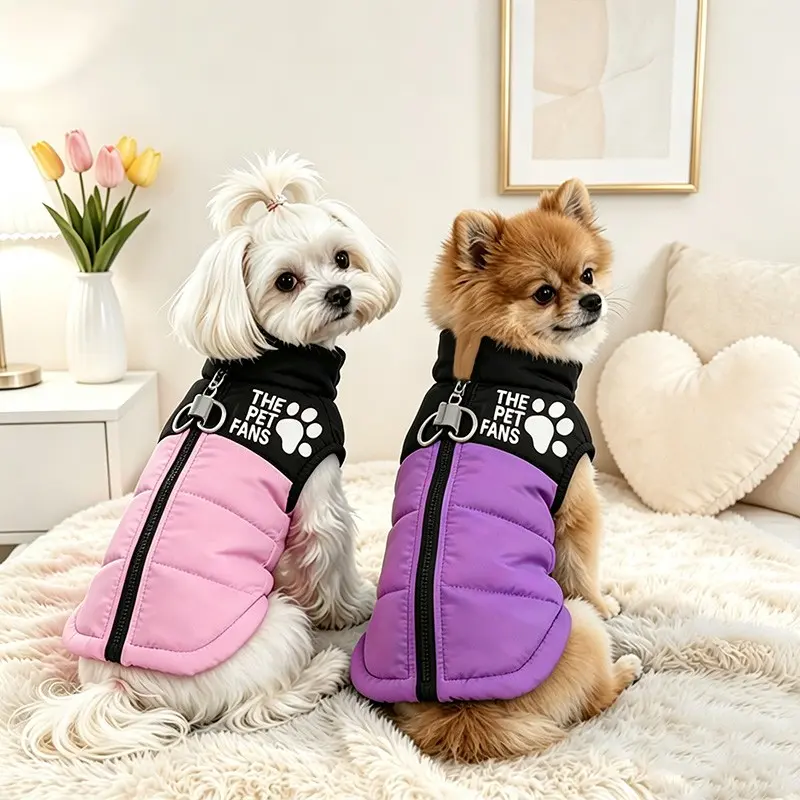 Autumn Winter Pet Jacket, Letter Print Coat with D-Ring Harness, Windproof Zipper, Warm Outerwear for Small Dogs, All-Season Wear
