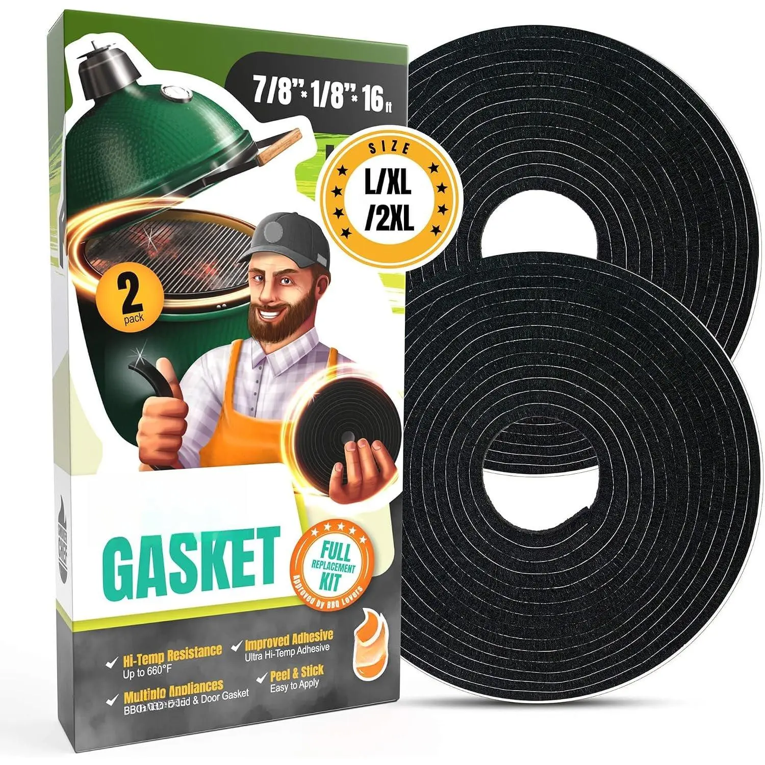 Gasket for Big Green Egg Large/XL/XXL - 2-Pack x 8 FT  Gasket Seal - BGE Gasket 7/8" x 1/8" Felt - Compatible with Big Green Egg - Accessories &  for Grill by