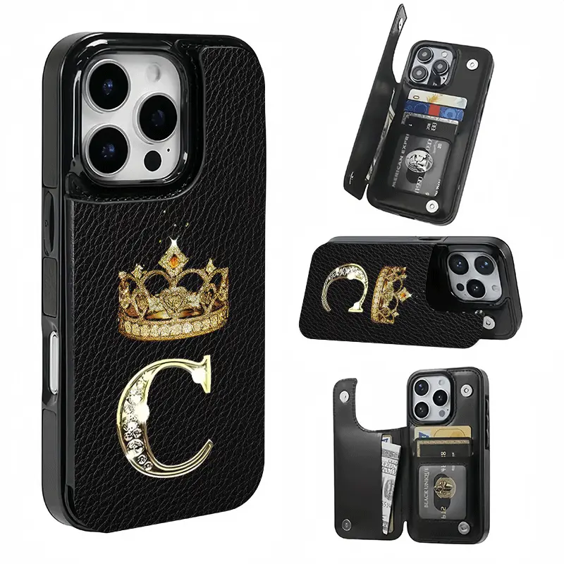 Golden Crown Letter C, This phone case features a card slot function, can store bank cards, transit cards and other cards, suitable for iPhone 17/16/15/14/13/12, and makes a great gift for girls. Black