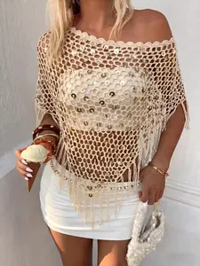 Women’s Sequin Crochet Fringe Poncho Top, Boho Hollow Out Mesh Tassel Beach Cover Up, Swimwear Cover Up, Off Shoulder Bikini Coverup Shawl for Summer Vacation Holiday Party Festival