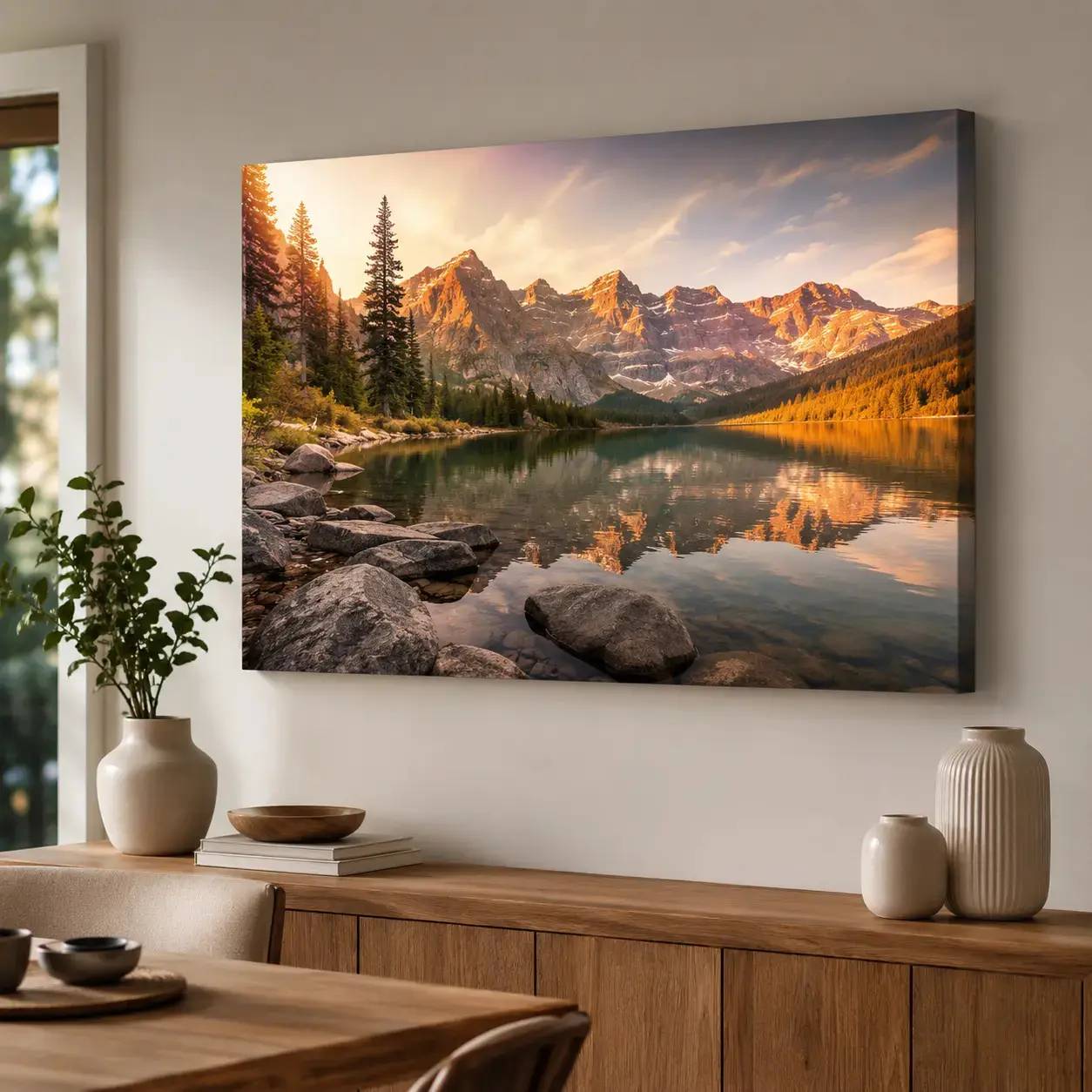 Mountain Lake Landscape Canvas Wall Art, Nature Scenic Poster Print, Rustic Cabin Living Room Bedroom Office Wall Decor, Decorative Poster Print, Unframed Canvas Poster or Framed Canvas Wrap