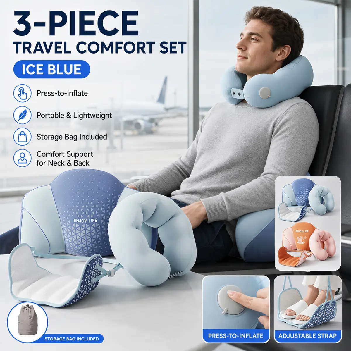 3PCS Travel Comfort Set, Self-Inflating U-Shaped Neck Pillow, Lumbar Support Pillow & Hanging Footrest, Portable Airplane Travel Kit with Storage Bag, Lightweight Full Body Support for Flight, Train, Car, Office, Business Trip & Vacation