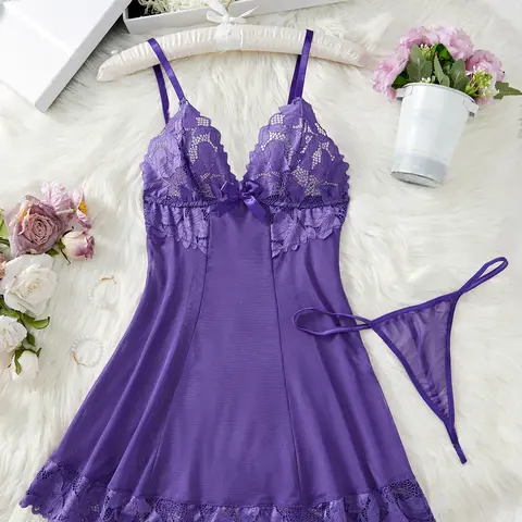 Women's 2pcs Bow Front Contrast Lace Mesh Cami Nightdress & Thong Set, Sexy Adjustable Spaghetti Strap Fitted Nightgown For All Seasons, Women Sexy Lingeries & Costumes For Daily Wear, Soft Seductive Nightwear, Camisole Nightdresses
