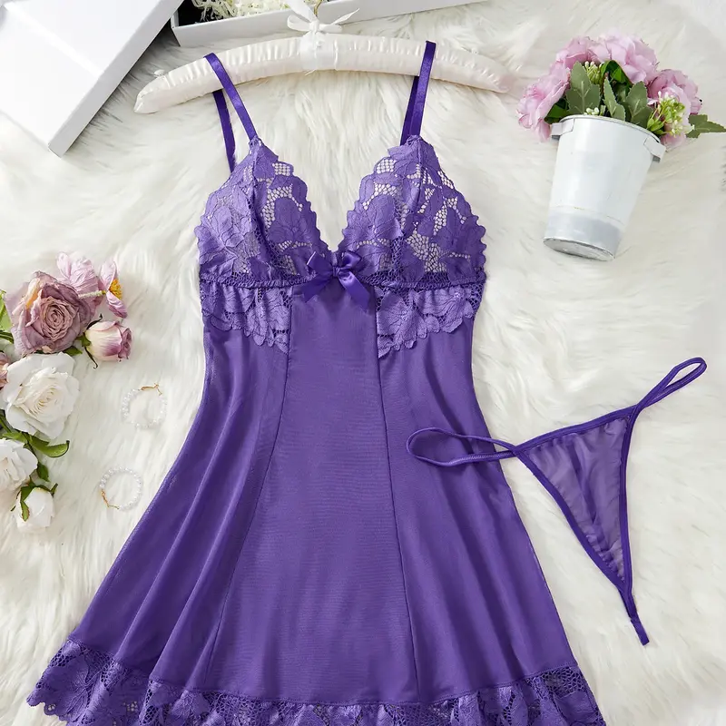 Women's 2pcs Bow Front Contrast Lace Mesh Cami Nightdress & Thong Set, Sexy Adjustable Spaghetti Strap Fitted Nightgown For All Seasons, Women Sexy Lingeries & Costumes For Daily Wear, Soft Seductive Nightwear, Camisole Nightdresses