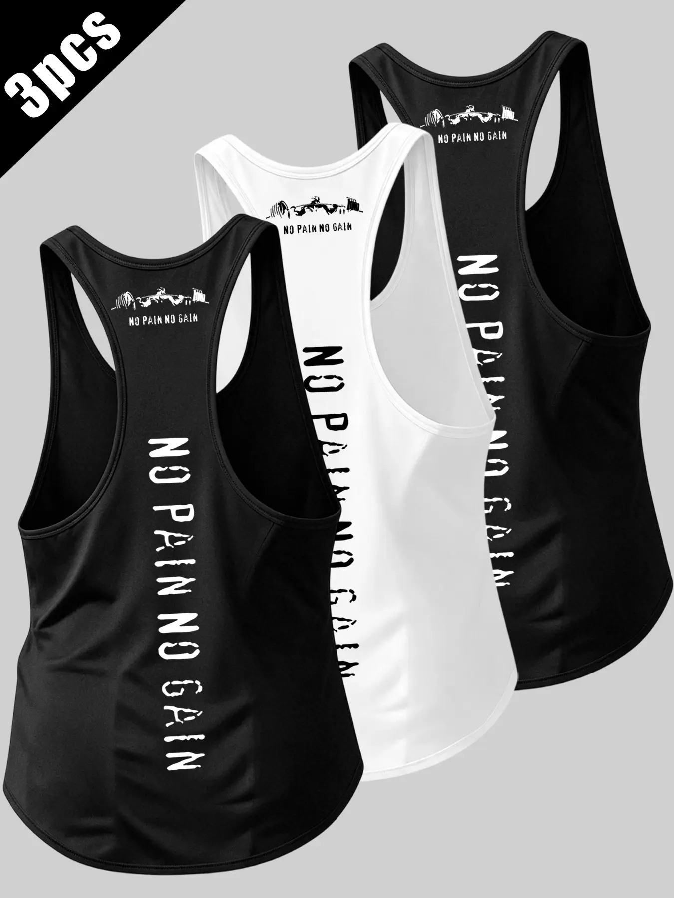Men's Summer Breathable Fitness Tank Tops 3-Pack, Sleeveless Sports Vest, Sleeveless Workout Vest, Barbell + 'no Pain No Gain' Print, Ideal for Gym Training & Daily Wear