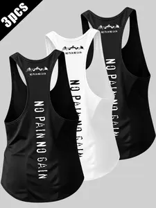Men's Summer Breathable Fitness Tank Tops 3-Pack, Sleeveless Sports Vest, Barbell + 'no Pain No Gain' Print, Ideal for Gym Training & Daily Wear
