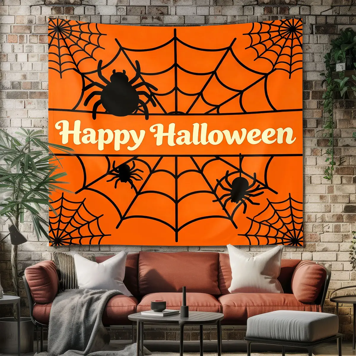 A 1-piece orange-background spider and spider web-themed Happy Halloween slogan-printed hanging decoration tapestry, suitable for bedrooms, dormitories, and living rooms, adding a cozy atmosphere to the home décor and can also be used as a gift