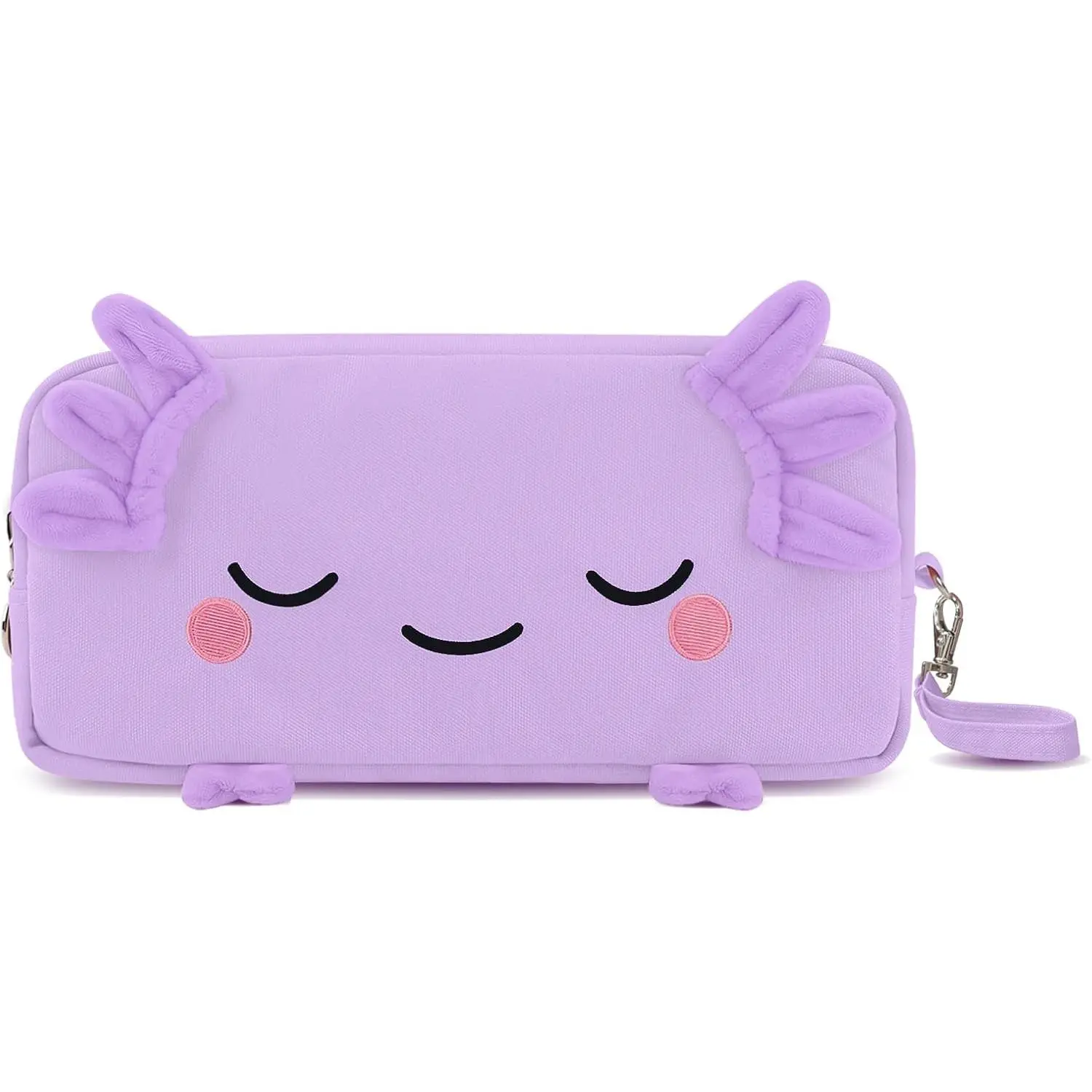 Modern Embroidered Face Axolotl Pencil Case for Girls - Salamander Office Stationery Pen Pouch with Mesh Pockets, Large Capacity, Organizes Pens, School Supplies Bag