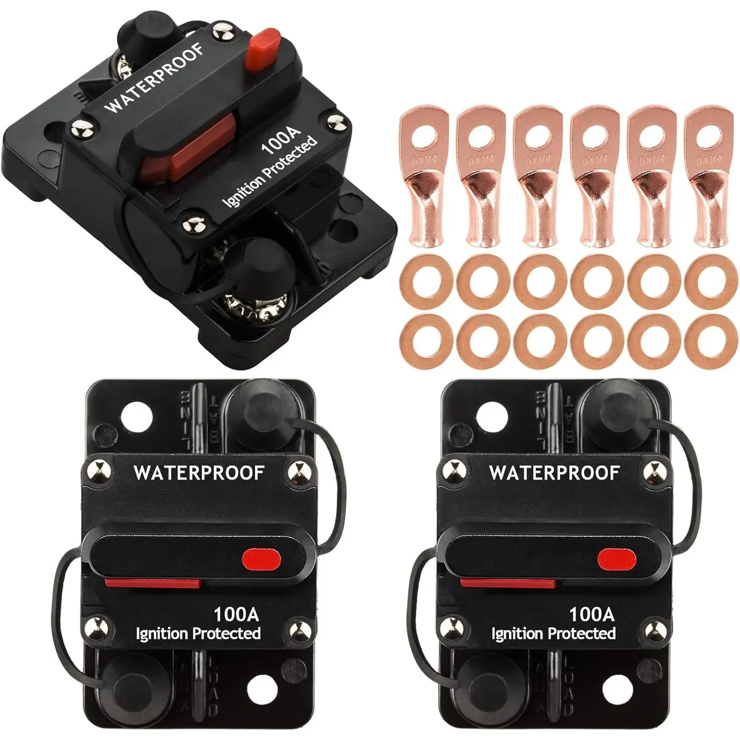 Hamolar 3-Pack 100A Manual Reset Circuit Breaker (CB5-100A) with 80A Protective Stud Insulator, Surface Mount, Overload Protection, -32 °c to 82 °c, 12V-48VDC Power Protection for Car, Marine Trolling Motors, ATV