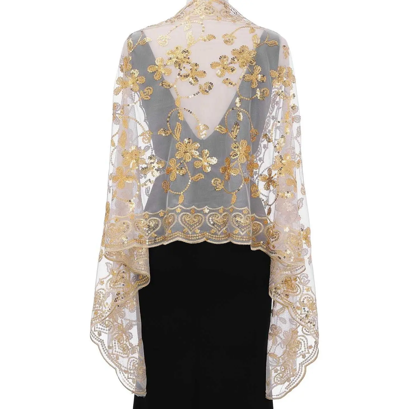 Women's Polyester Bridal Sheer Shawl - Metallic Sequin Sparkling Long Wrap, 74.8in Free Size for Brides, Wedding Events, Friends' Gatherings, Birthday, Hand Wash Compatible, G-Ivory+Gold Sequin