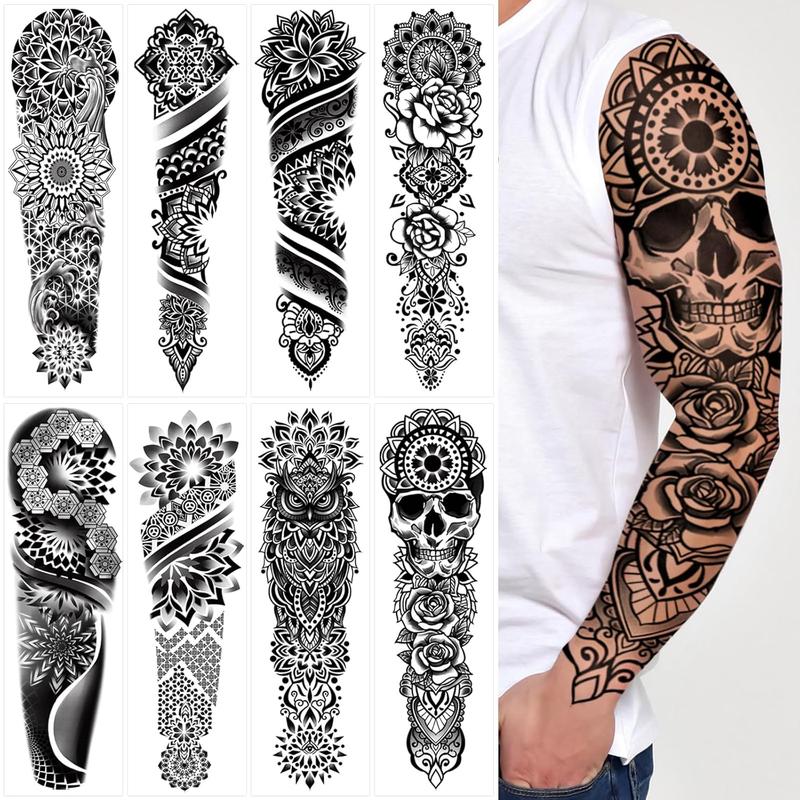 48 Waterproof Temporary Tattoos For Adult, Mandala Vintage Black Lotus Temporary Tattoos for Men Women, Mandala Full Arm Fake Tattoo Bohemia Flower Fake Arm Tattoos for Boys Girls