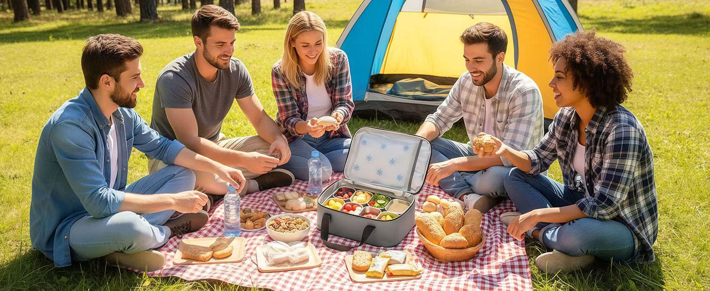 Snackle Box Container with Ice Pack, 304 Stainless Steel Divided Serving Tray, Snacklebox with Insulated Bag, 8 Compartment Platter Box with Lid and Handle for Beach, Road Trip, Boat Days, Pool Party