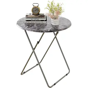 Round Folding Portable Foldable TV Tray Table Light Weight Small Sofa Bedside Table for Dinner Snack 17.5 x 17.5 x 26 in Black Marble