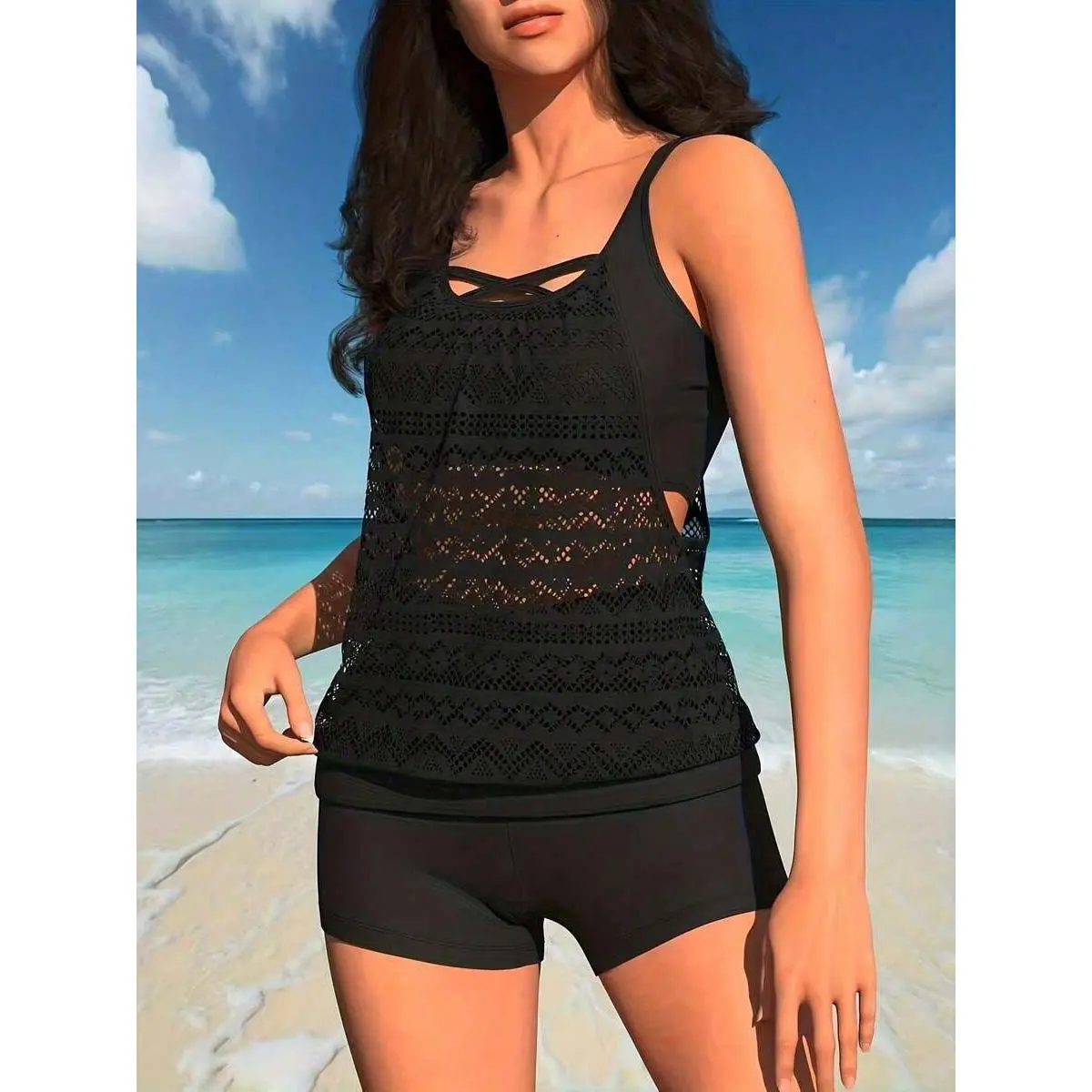 2026 New Black Lace Sun Protection Tankini Set Crisscross Neck Cutout Tummy Control Two Piece Swimwear