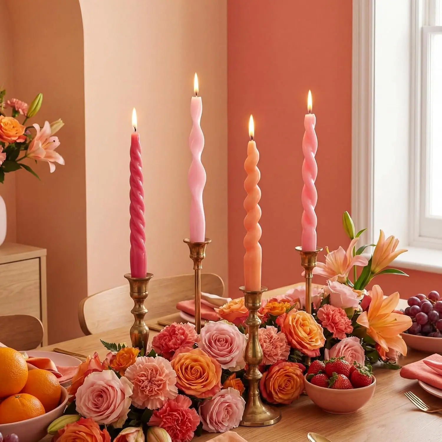 4 Pcs Twisted Taper Candles Wax Unscented Smokeless Spiral Swirl Candlesticks for Wedding Holiday Dinner Party Home Decorations(7.87 Inch,Pure,Pink)