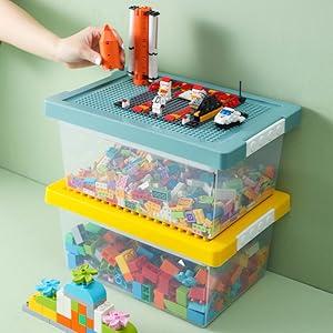 Plastic Storage Bins with Lids - 1 Set Stackable Arts Crafts Organizer Box with Removable Divided Tray &Compatible Building Baseplate,Toy Chest Containers for Bricks -White(14.37"x9.64"x6.69")