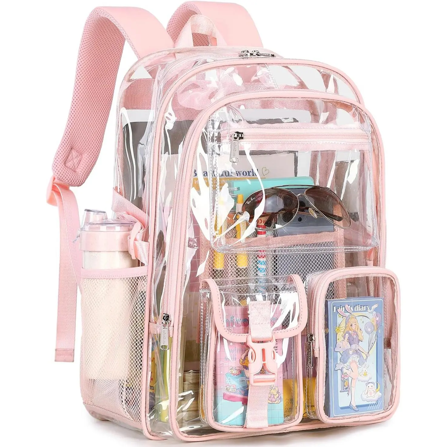 Large Clear Backpack For Girls Women School Bookbag Heavy Duty Transparent Backpack (Pink)