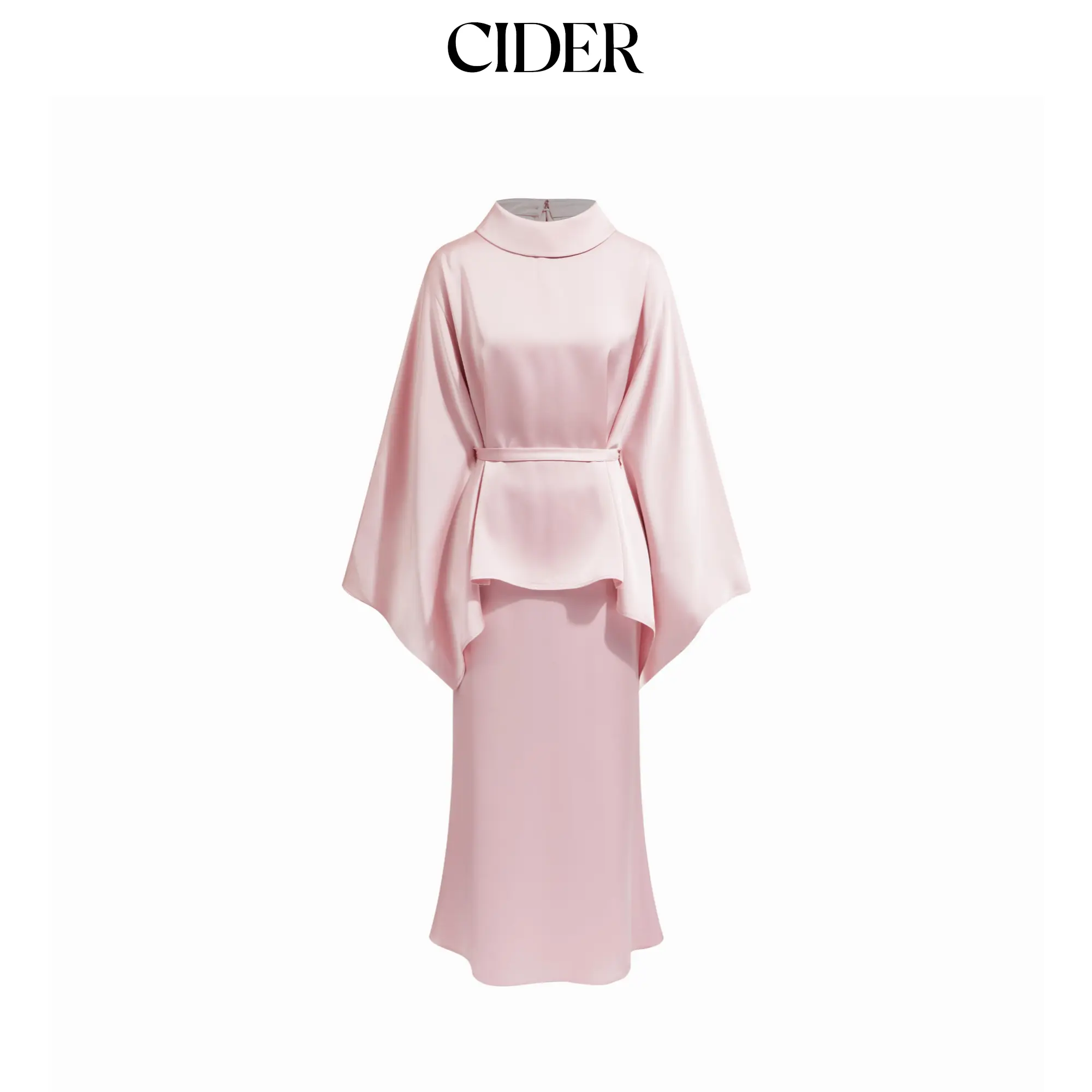 Cider Satin Stand Collar Cape Top & Mid Rise Midi Skirt Set SohoChic