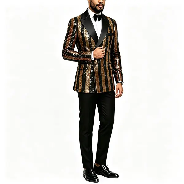 Men Gold Black Vertical Stripe Sequin Double Breasted Tuxedo Suit, Satin Lapel Sparkly Blazer with Black Dress Pants, Formal Outfit for Wedding Prom Nightclub Singer Host