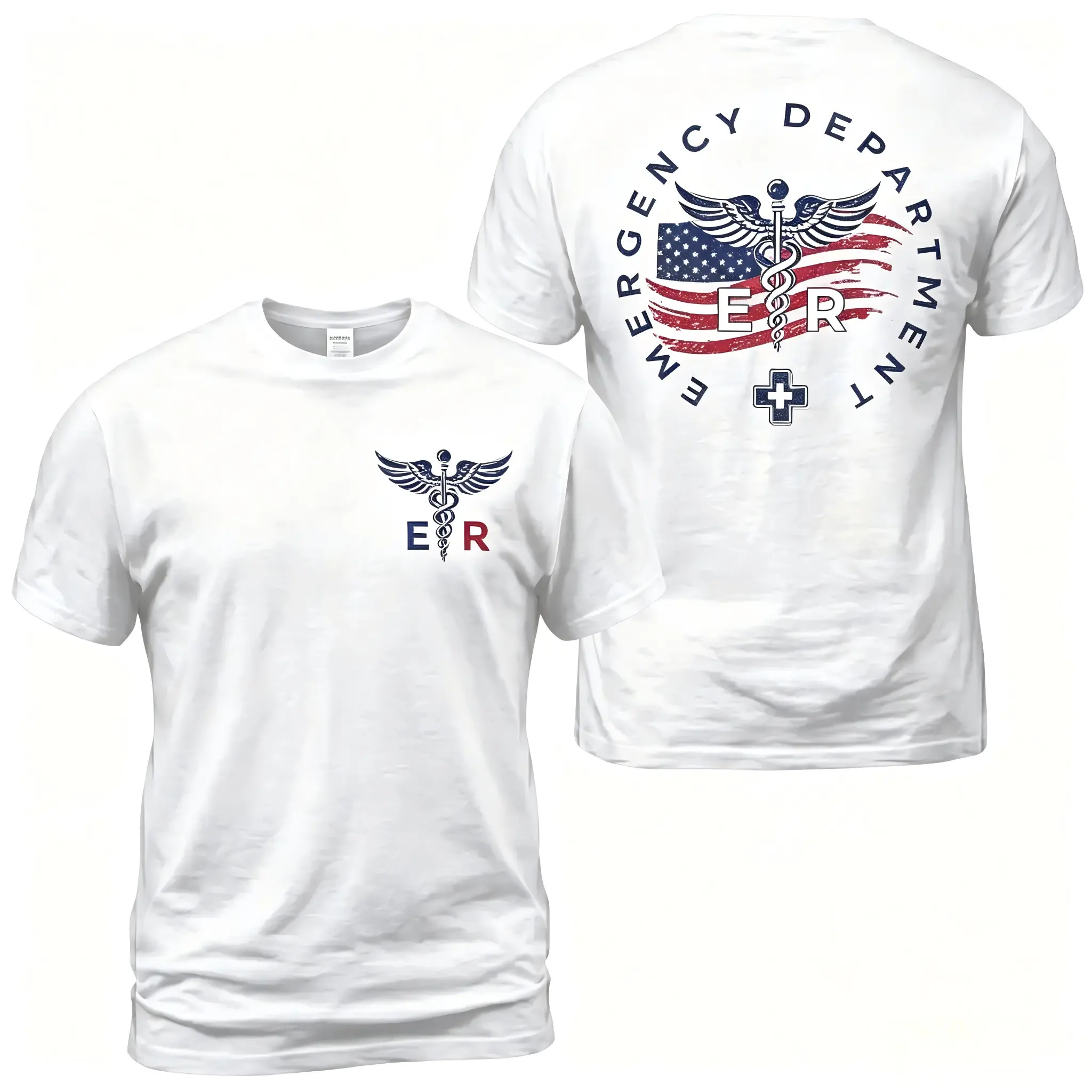 Men's-Women's Classic Cotton Short-Sleeve Round-Neck Emergency Department ER Top, First Responder Medical Graphic Tee, American Flag Back Print, Front Chest ER Logo Apparel Gift for Nurse EMT Paramedic Hospital Workers, Shortsleeve