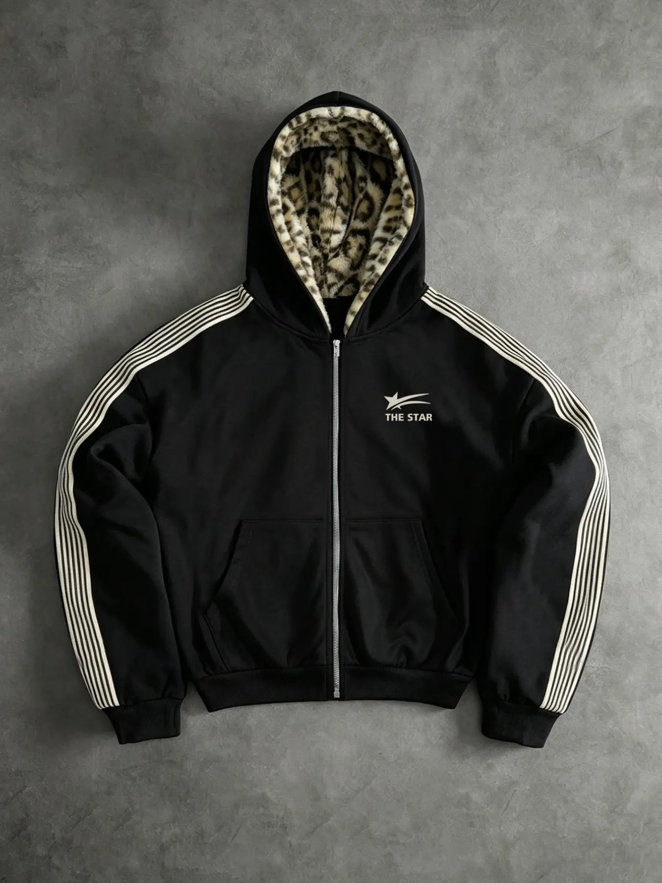 Unisex Leopard Print Fleece Cap Zipper Open Front Sweatshirt, Casual Streetwear for Fall Winter, Perfect for Daily Wear