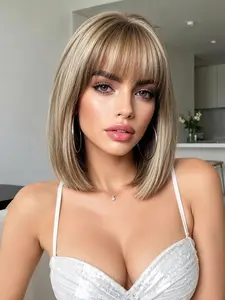 12-Inch Highlighted Bangs Bob Wig, Heat-Resistant Fiber Straight Short Wig, Suitable for Daily Wear and Party Events