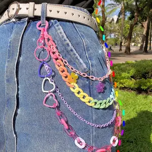 Y2K Rainbow Resin Wallet Chain Keychain, Colorful Acrylic Flower Bag Charm, Cute Pants Chain with Double Clasp, Harajuku Punk Streetwear Belt Loop Accessory for Women Men