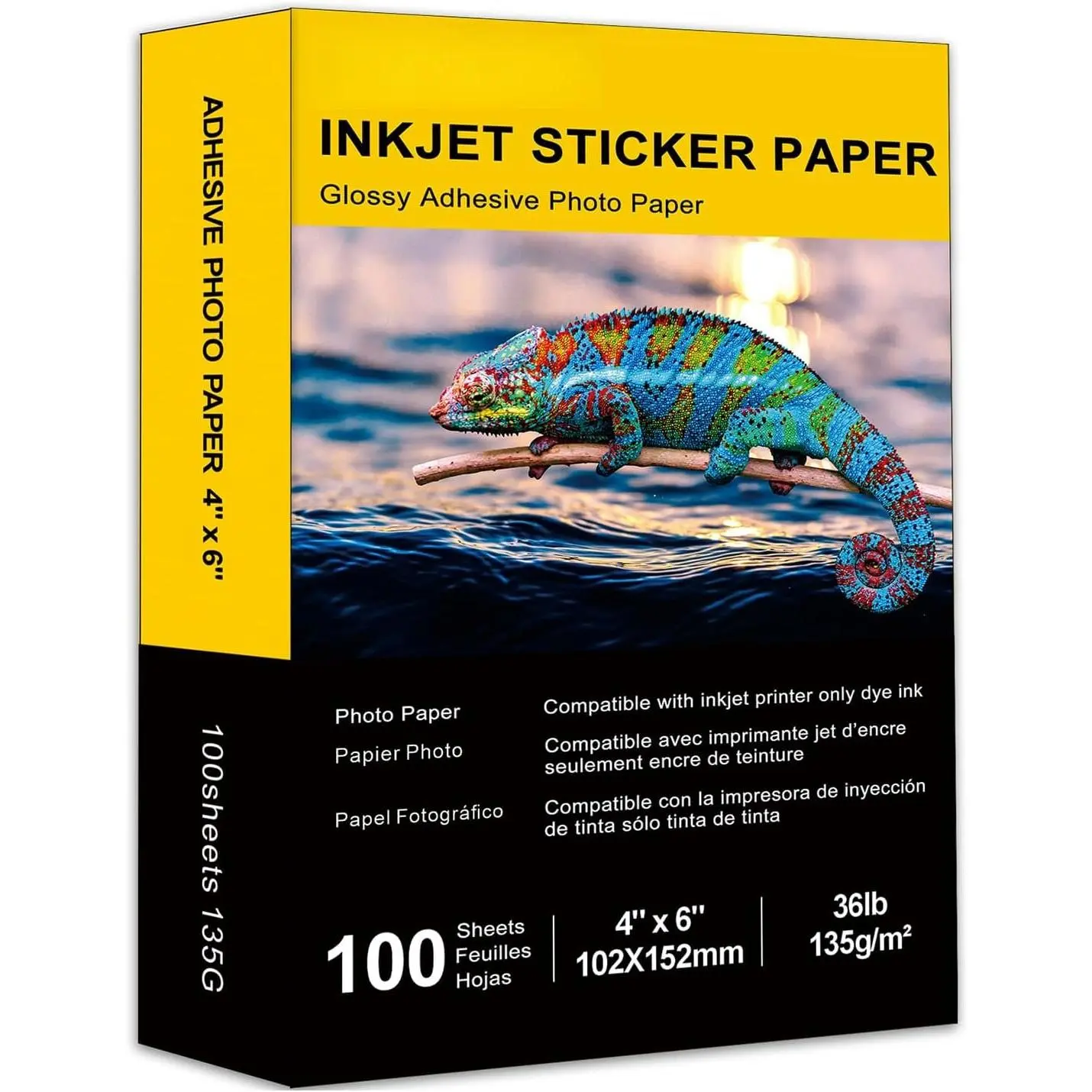 Self-Adhesive Photo Paper 4 x 6 Inches Glossy Sticker Paper for Inkjet Printer 100 Sheets 135 gsm 36Ib Dye Ink Only