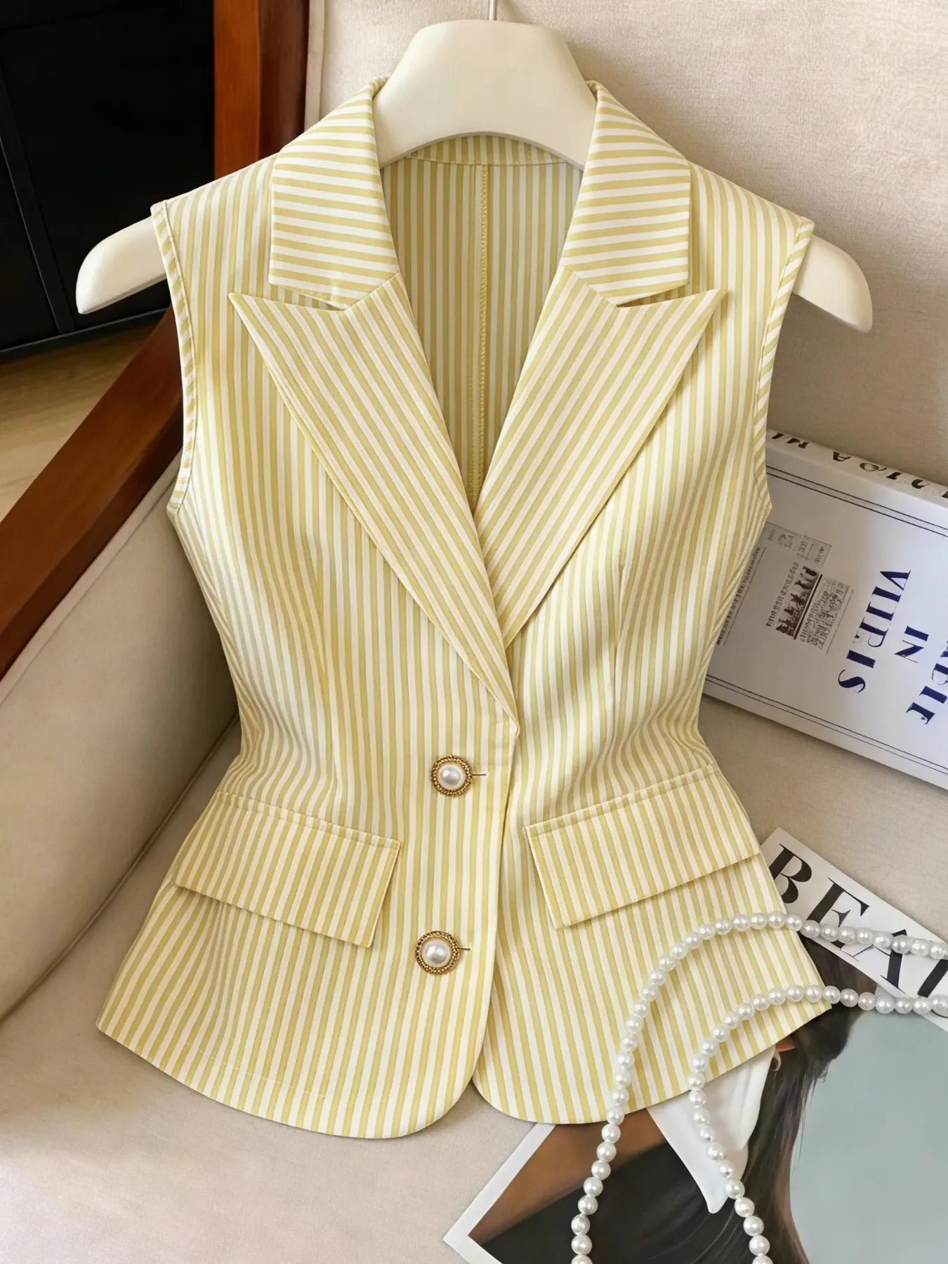 Blue Striped Waistcoat Fashion Vest for Women, Elegant Sleeveless Vest, 2026 Spring Summer New Pearl Button Notch Lapel Sleeveless Formal Commuter Top