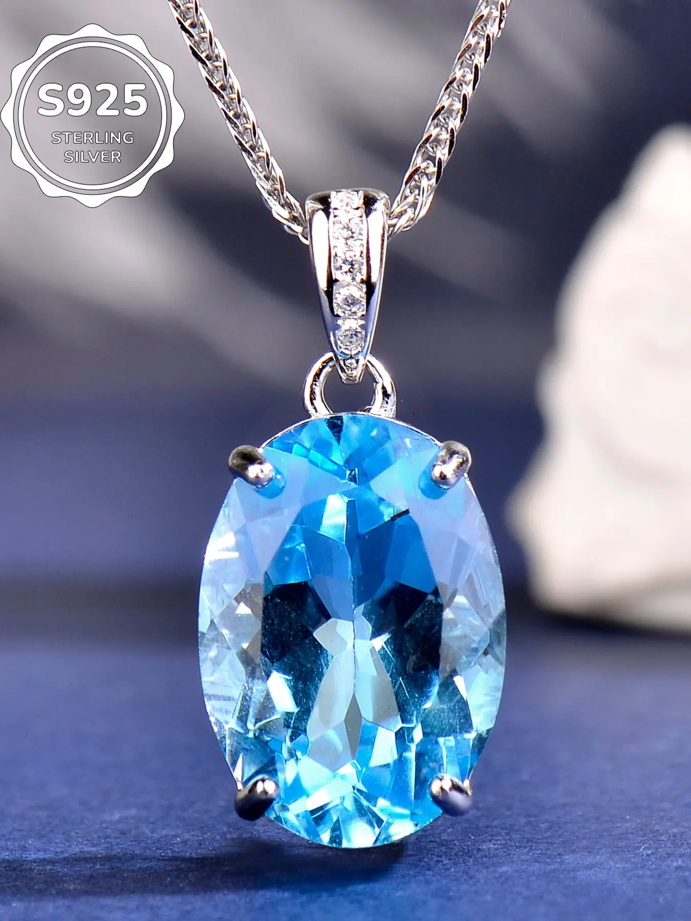925 Sterling Silver Blue Topaz Necklace - Minimalist Pendant Gift for Her