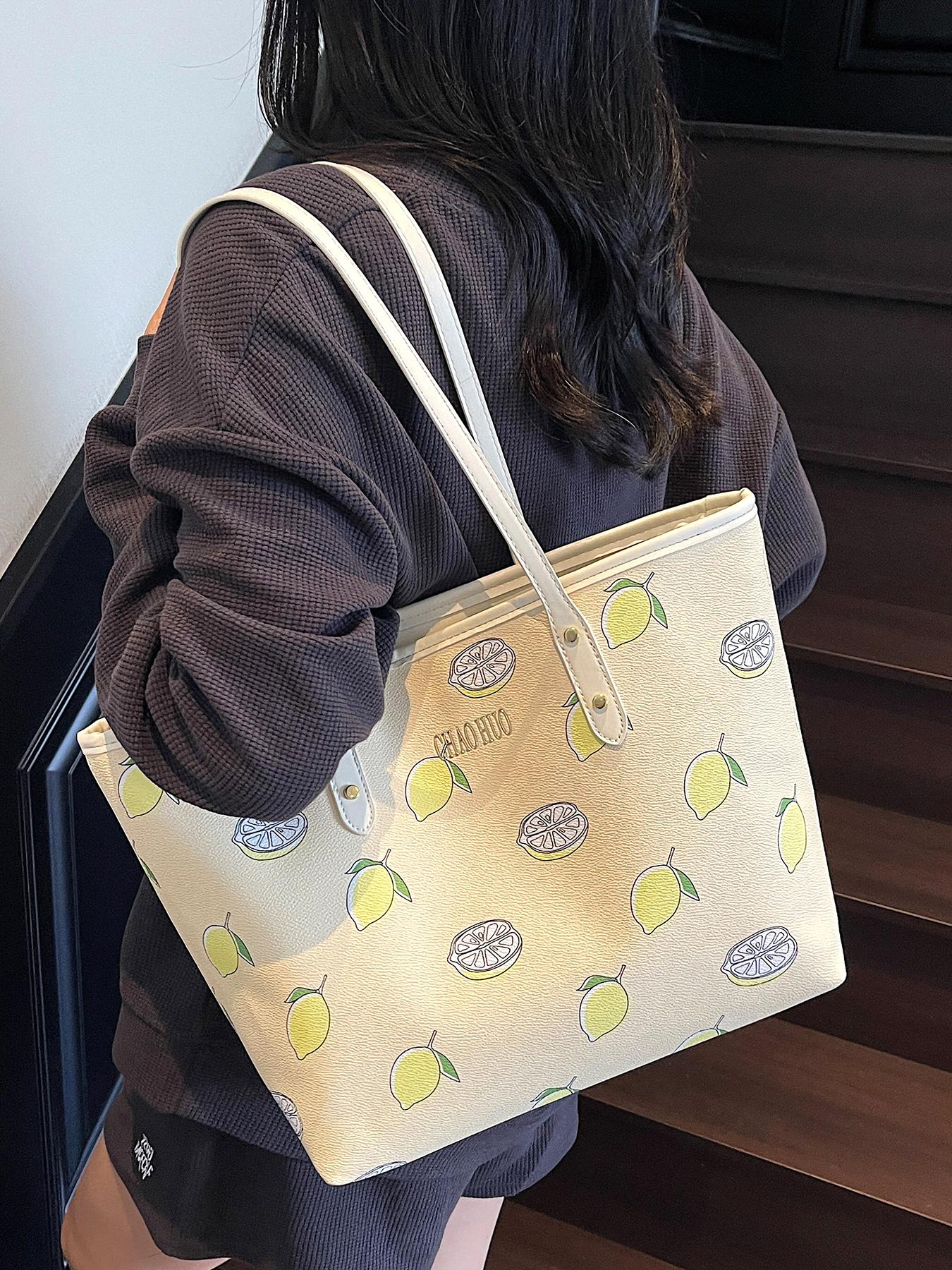 Niche cherry fruit pattern printed tote bag, Lightweight tote bag, one-shoulder underarm bag, casual handbag, Casual commuter bag, Casual trendy purses, versatile for daily commuting, multiple colors available, suitable for college students