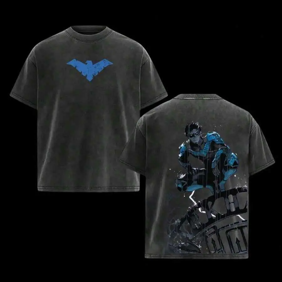 Nightwing Retro Washed T-Shirt – Oversized Heavy Cotton Tee  Vintage Gotham Graphic  Streetwear Fit For Superhero Fanssummer Outfits For Women