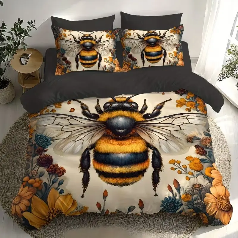 Autumn Bee Print Bedding Set, 1 Duvet Cover + 2 Pillowcases, High-Definition Printing, Home & Dormitory Bed Linen, No Padding