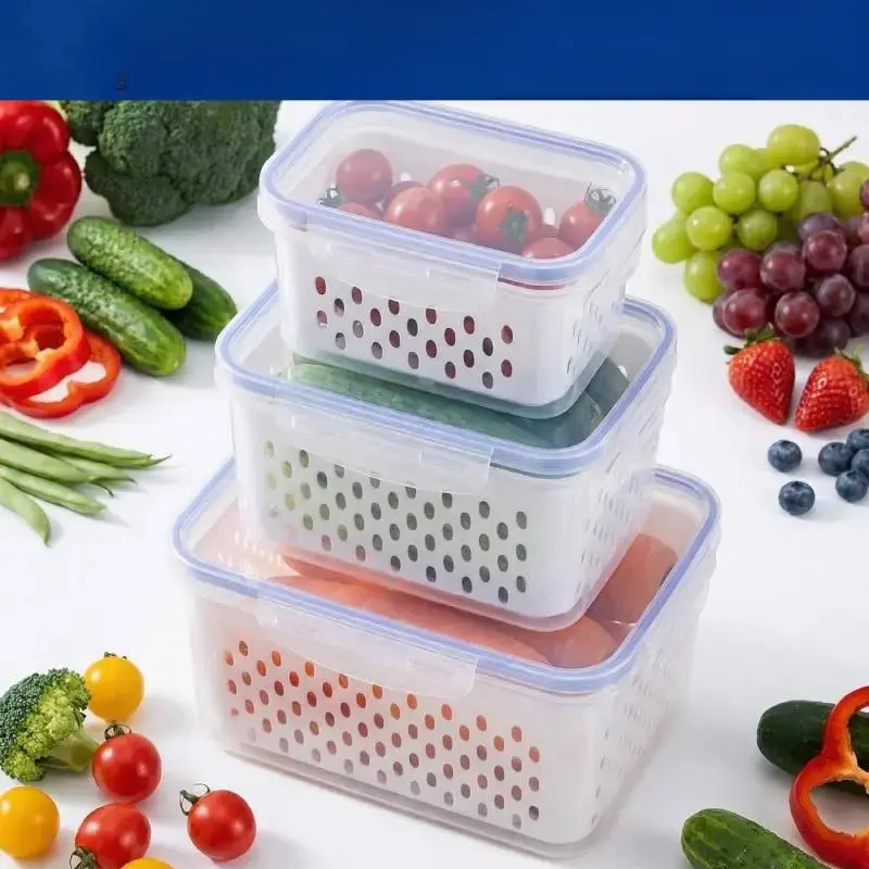 4 in 1 Produce Saver Containers, Airtight Food Storage Container with Drain Basket, Stackable Refrigerator Organizer for Vegetable Fruit Meal Prep Kitchen Storage