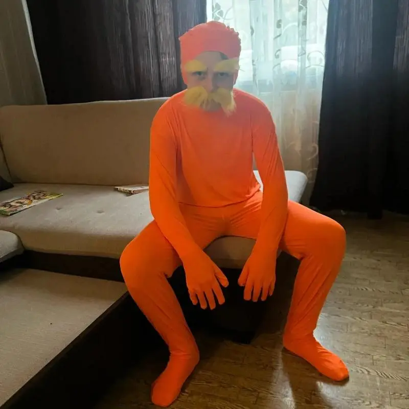 Halloween Party Jumpsuit Orange Costume Yellow Moustache and Eyebrow Baring Orange Bodysuit Masquerade Outfits for Kid and Adult