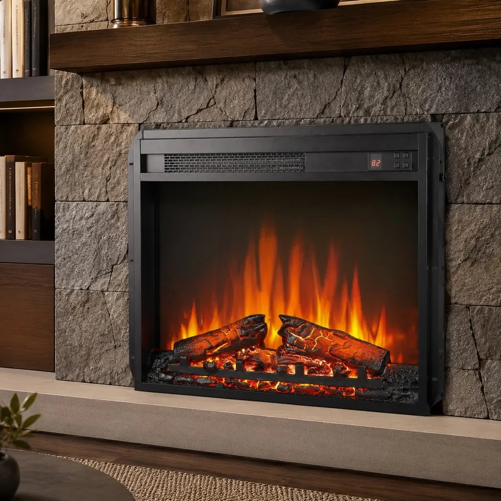 23 Inch Electric Fireplace Insert, Ultra Thin Heater with Log Set & Realistic Flame, Remote Control with Timer, Overheating Protection, Wall Mount or Freestanding, 1400W/5000 BTU