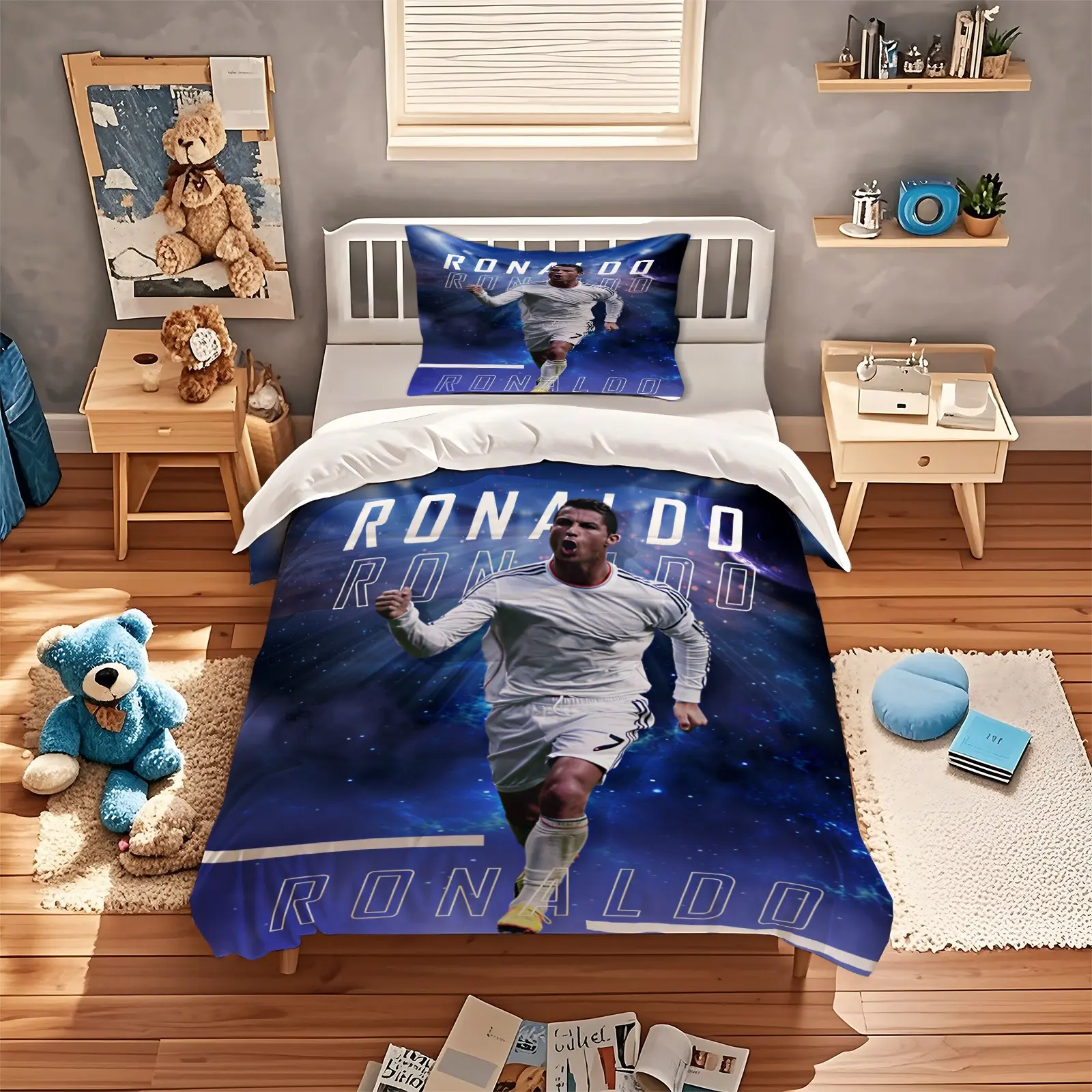 2/3Pcs Trending Soccer Star Illustration Duvet Cover Theme Bedding Set, Soft Durable for Teens Sports Lovers Bedroom Dorm Decor (No Filler, No Pillow Inserts)