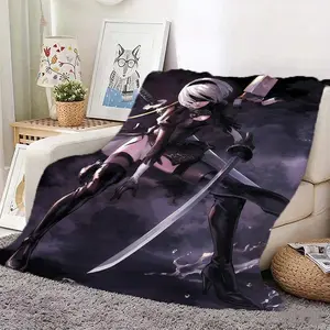 1pc 2B Character Symbol Printed Flannel Blanket, Flannel Blanket, Easy to Spread, Durable And New, Wrinkle-Resistant Material for Lasting Warmth, Bar Decor Essential, Personalized Home Must-Have, Enhancing Space Texture