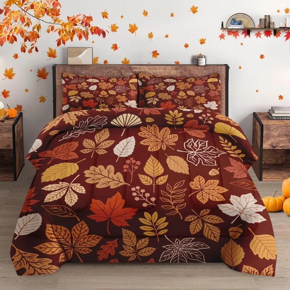 3pcs Digital Print Maple Leaf Pumpkin Thanksgiving Quilt Set, Includes 1 Quilt and 2 Pillowcases, Soft and Comfortable, Ideal for Bedroom Use