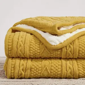 Longhui bedding Mustard Yellow 50 x 63 Inches Acrylic Cable Knit Throw Blanket - Thick, Soft, Big, Cozy Yellow Knitted Fleece for Couch, Sofa, Bed - Large Yellow Coverlet All Season