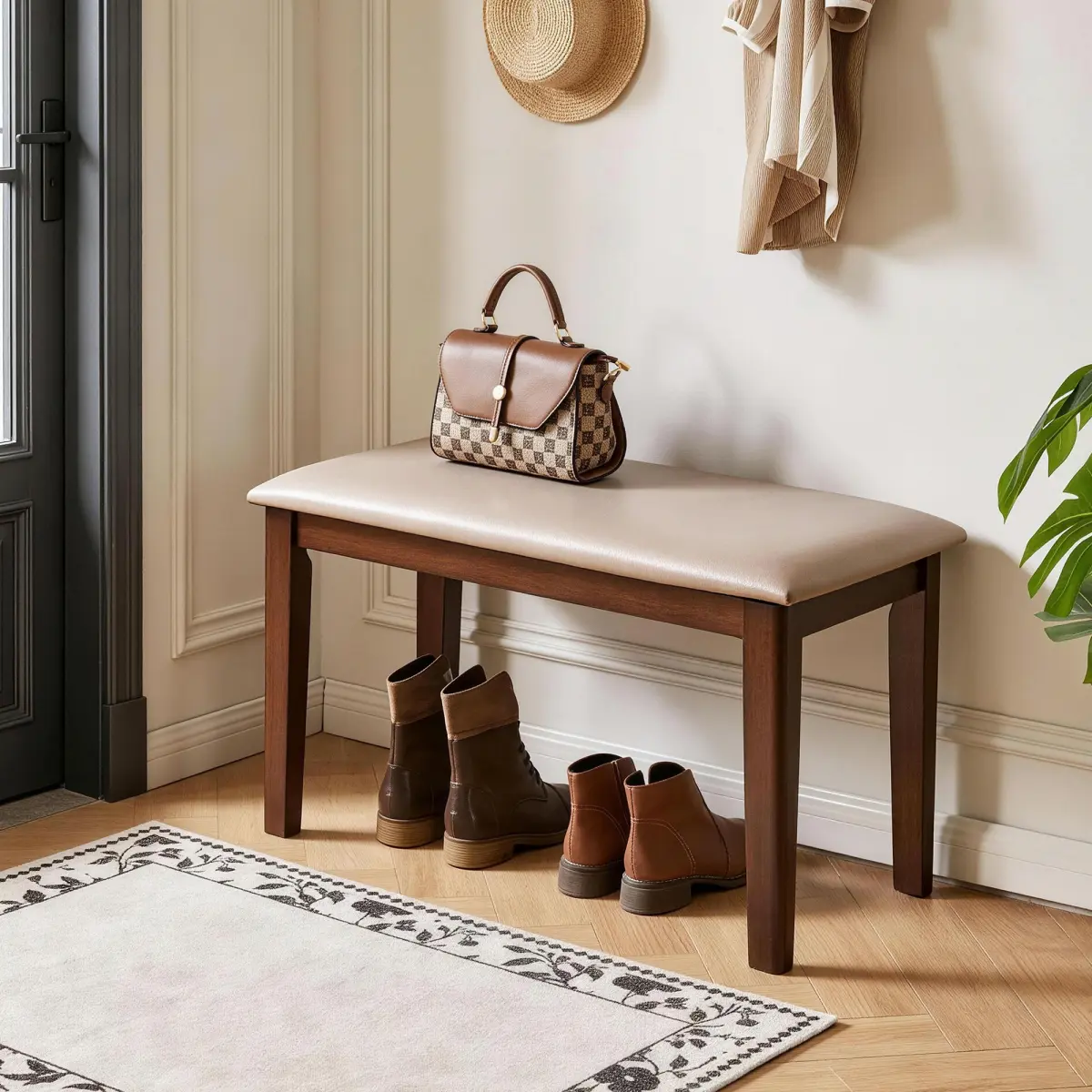 Solid Wood Frame Bench with Soft Breathable Tech Fabric Cushion, Heavy Duty Farmhouse Upholstered Stool, Multi-use Furniture for Dining Room, Entryway, Bedroom, Living Room and Apartment Extra Seating