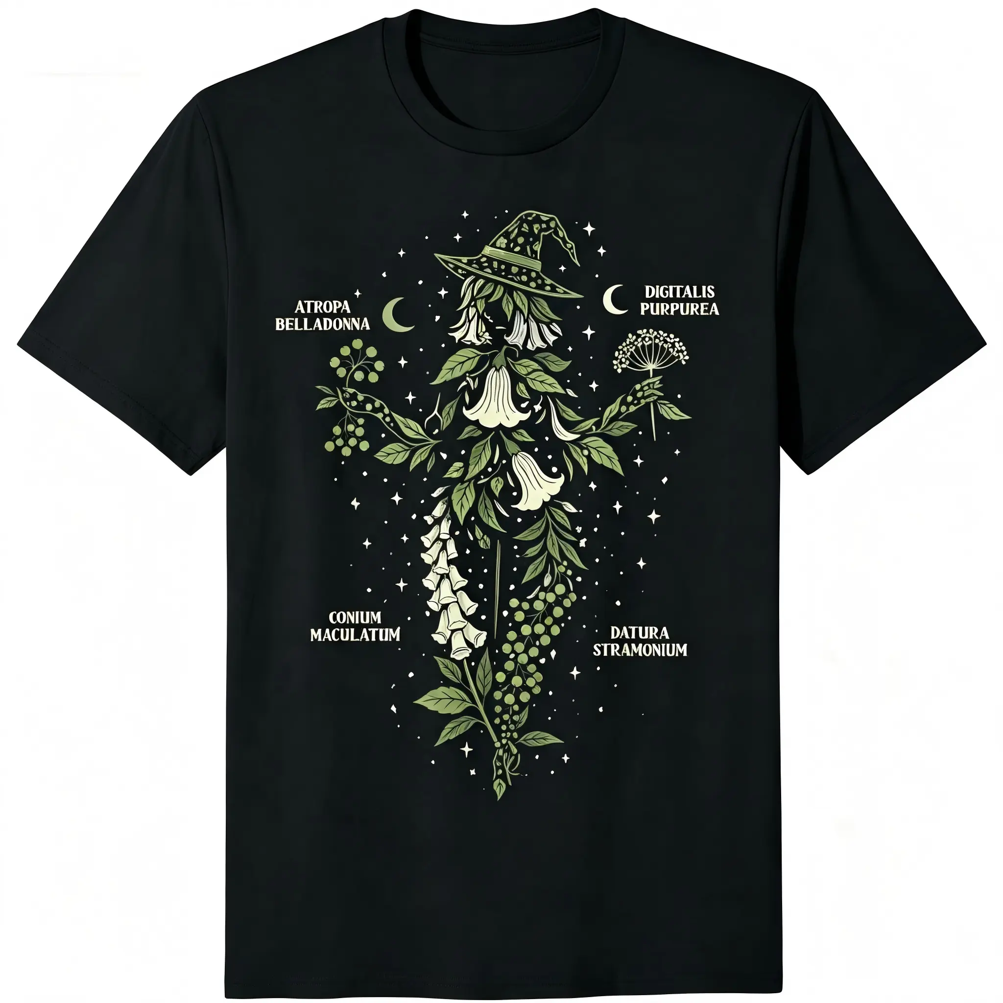 Poisonous Witch Herbs Botanical Graphic T-Shirt for Men Women – Stretch Cotton Crew Neck Short Sleeve, Witch Silhouette Moon Star Tee, Regular Fit Dark Cottagecore Streetwear, All Season Wear, Herbal Witch Gift, Machine Washable