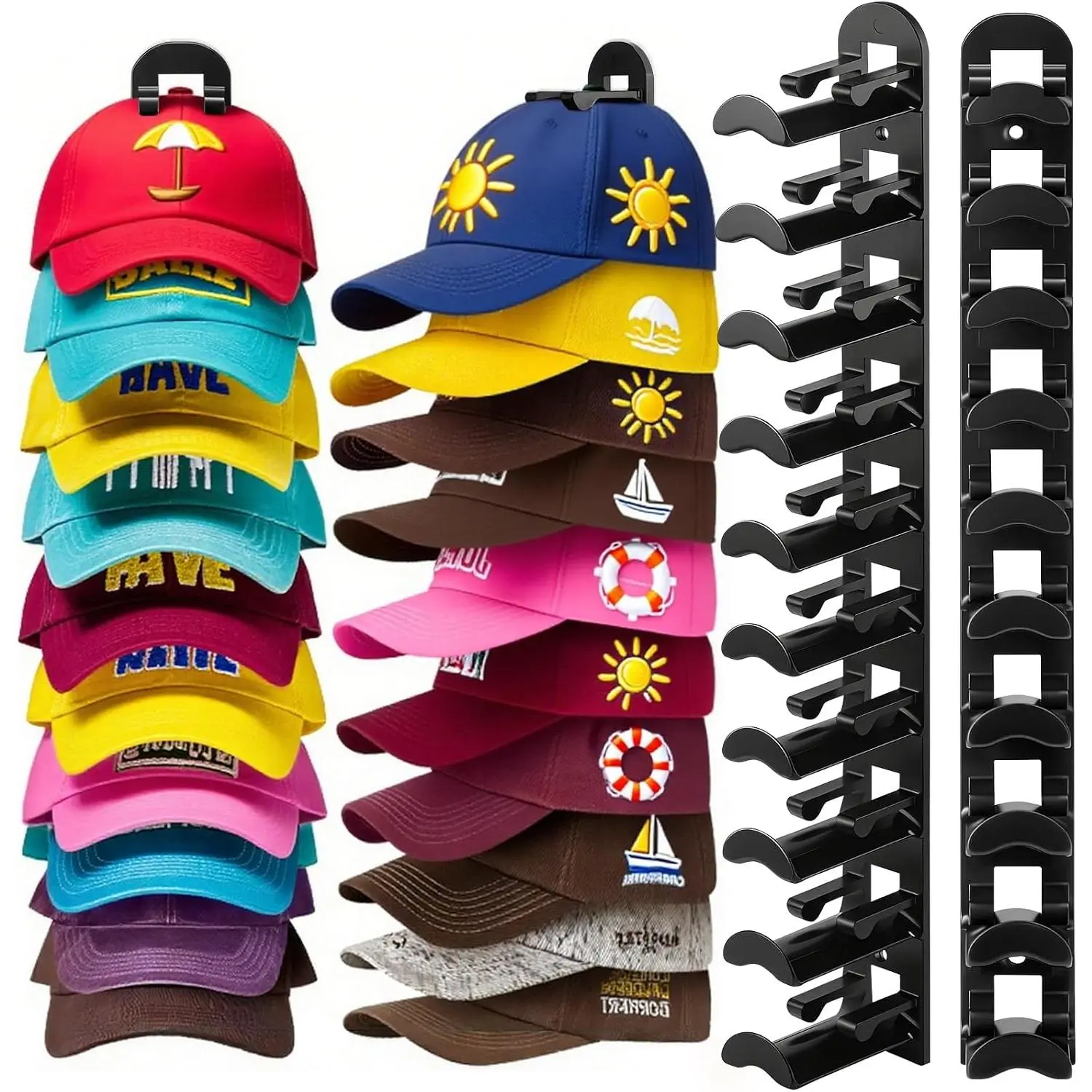 2 Pack Hat Hook Organizer for Baseball Caps, Hat Hanger Holder for 20 Caps, Wall Hat Rack with  Adhesive, Multilayer Cap Storage Hooks for Closet Door and Bedroom (Style B-Black)