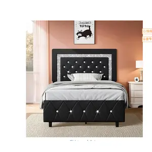 Upholstered Floating Bed Frame with Smart LED Lights, Diamond Design Headboard, Sturdy Wood Slat Support, No Box Spring Needed