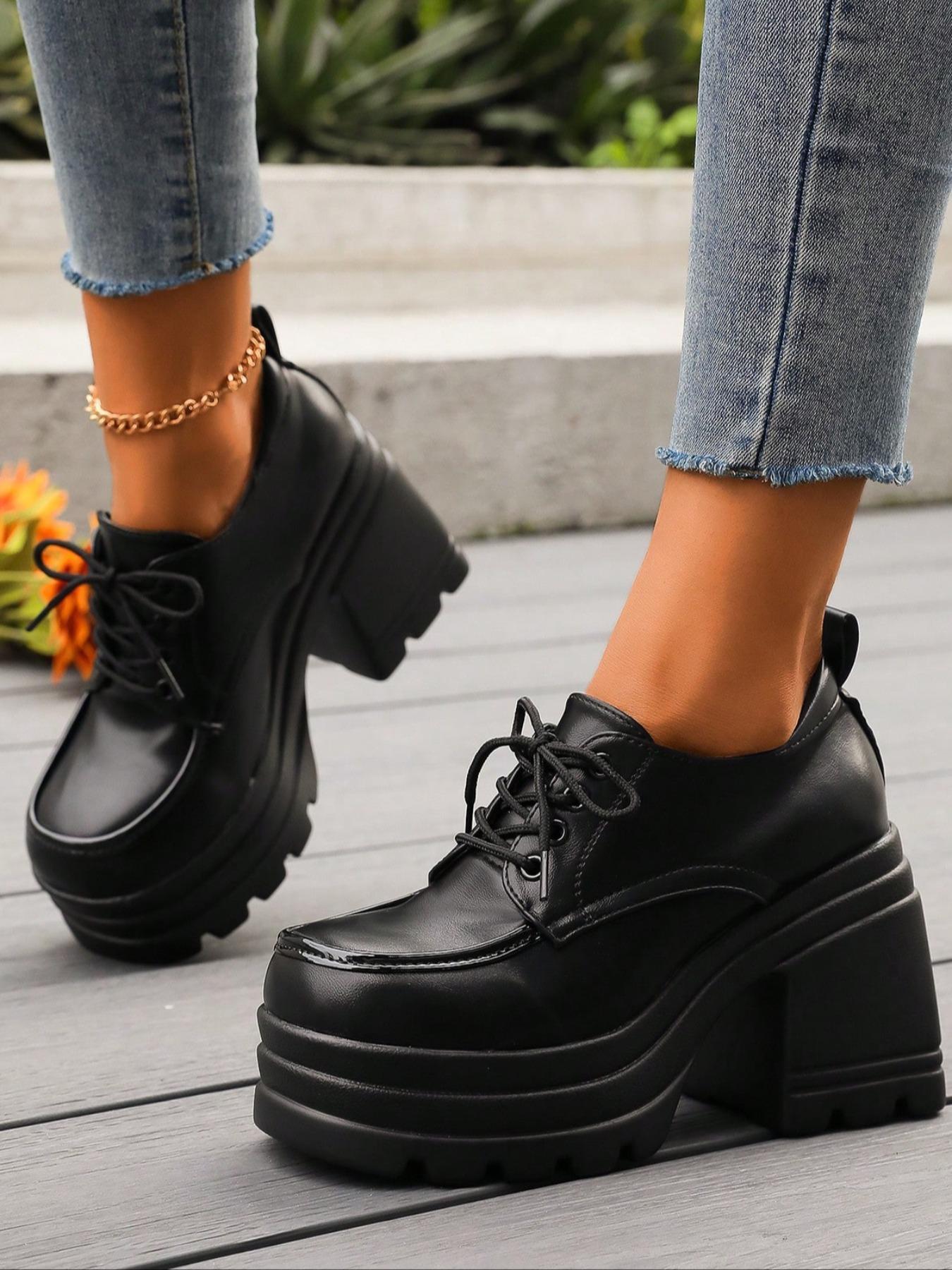 Women's Fashionable Lace Up Platform Shoes, Casual Comfortable Thick Sole Shoes for Daily Wear, Female All-match Trend Shoes for Daily Wear, Girl, Elegant Heeled Shoes, Platform Heels, High Heel Shoes