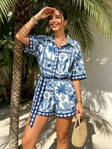 Regular Size Women 2026 New Blue White Palm Parrot Print Shirt Collar Romper, Belted Short Sleeve Loose Fit Trendy Beach Holiday Travel Vacation Casual One Piece Outfit