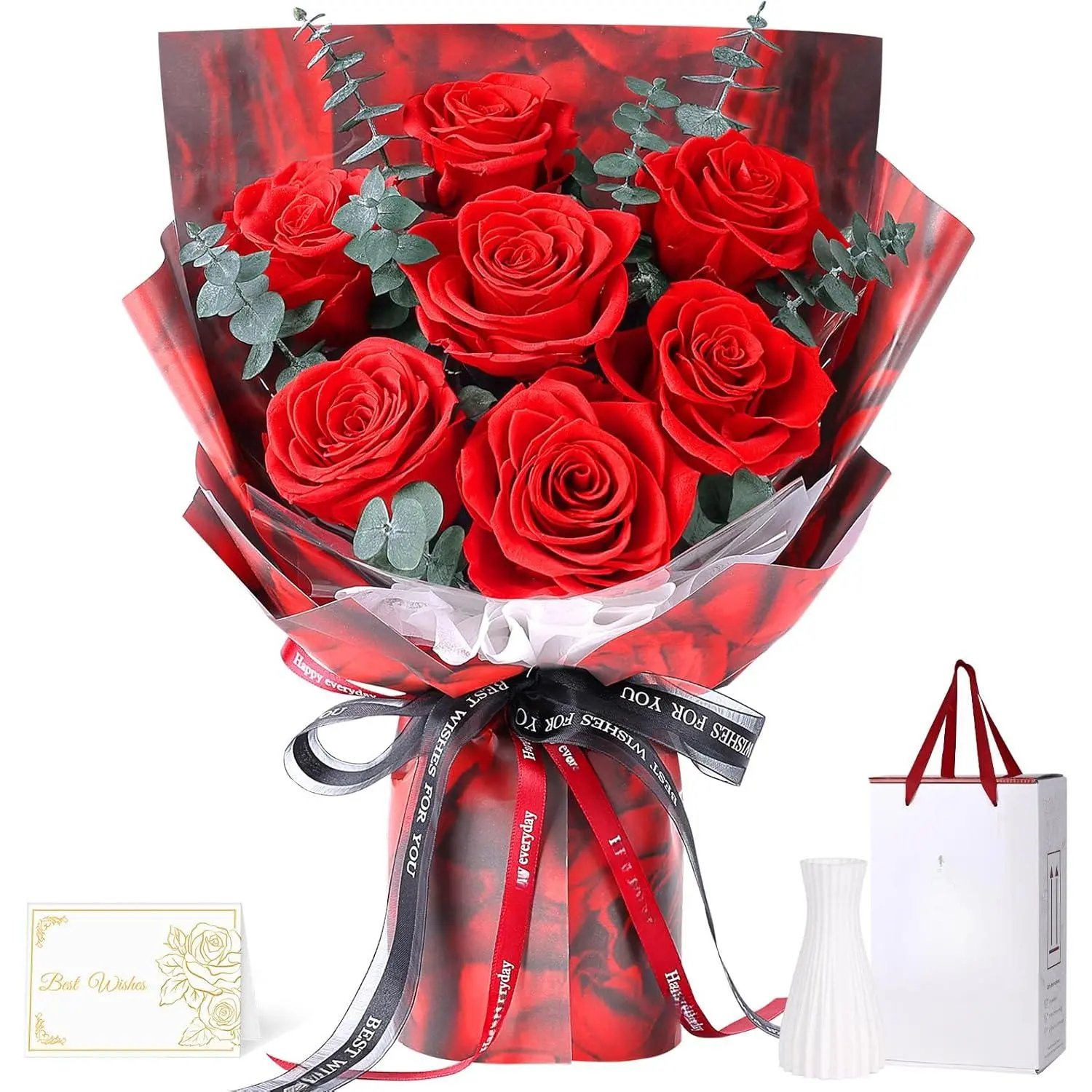Flowers Bouquet 7 Roses - Red Real Rose & Flowers  Delivery, Eternal Roses Bouquet with Gift Box, Mothers Day Gifts  Mom Grandma Wife, Anniversary Birthday Gifts  Women