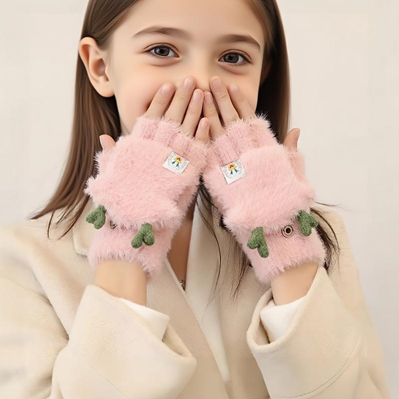 1 Pair Kids Gloves Winter Warm Thickened Flip Gloves Writing Open Finger Girl Plush Half Finger Gloves Cute Cartoon Winter Boy Five Finger Gloves Suitable for Daily Wear Outing Suitable for Children Aged 3