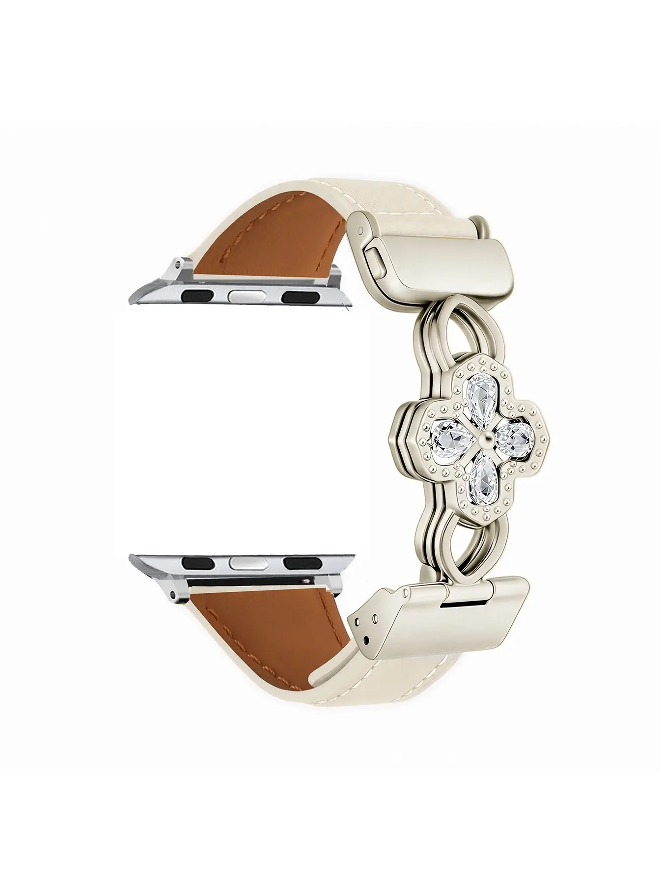 Four Leaf Clover Zircon Inlaid Genuine Leather Watch Strap, Elegant Hollow Metal Decor, Replacement Band for Apple Watch, Women's Fashion Wristband, Smartwatch Replacement Straps